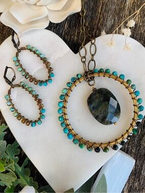 Handmade Turquoise Bead Hoop Necklace & Earrings Set